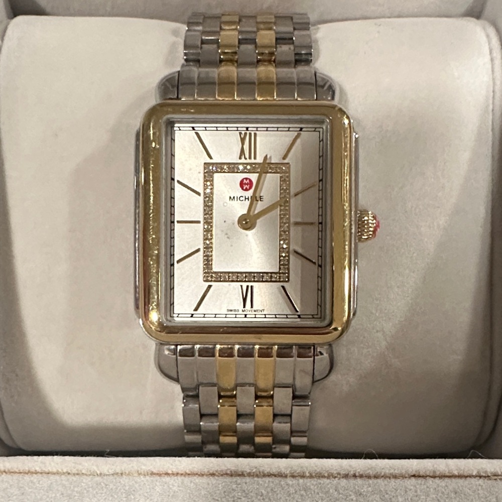 Michele Silver and Gold Square Face Watch with diamond inlay